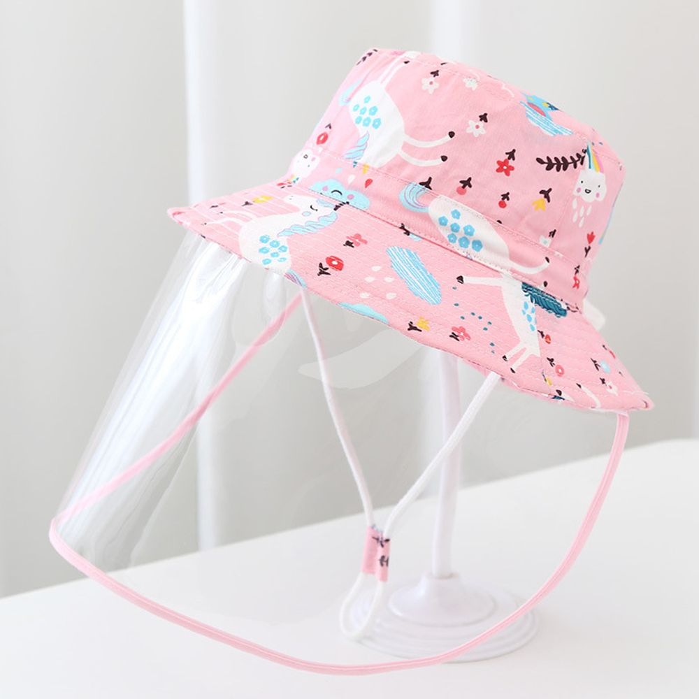兒童防飛沫面罩遮陽漁夫帽-粉色獨角獸-面罩可拆