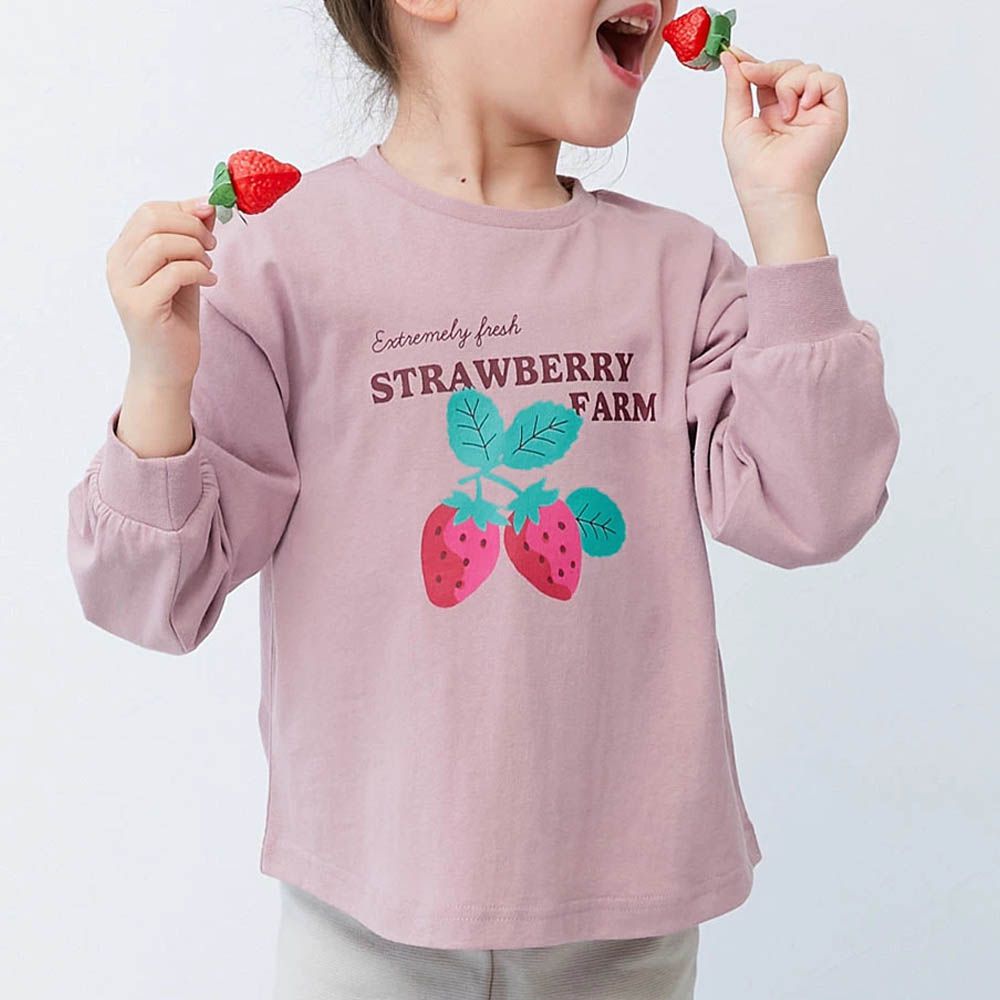100%棉 定番女孩印花長袖上衣-草莓-粉紫