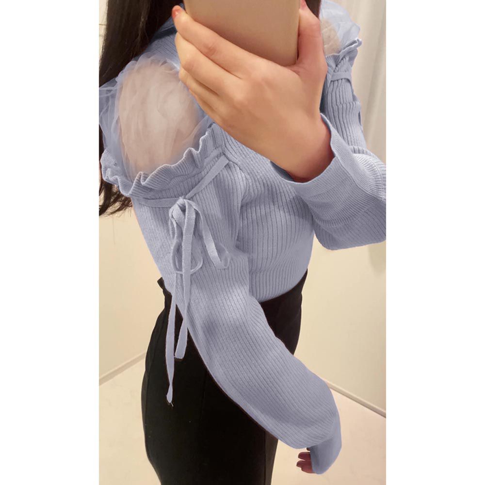 日本 GRL - 肩部薄紗綁帶公主針織上衣-水藍