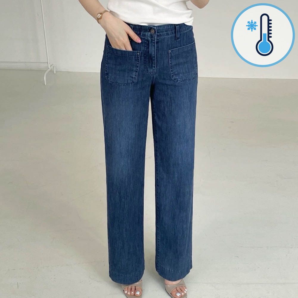 (涼感機能)彈性腰口袋直筒丹寧褲-深藍