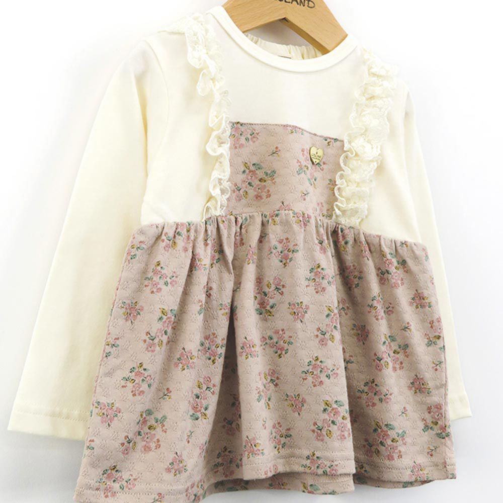日本 ZOOLAND - 荷葉肩帶花朵假二件長袖上衣-粉紅系