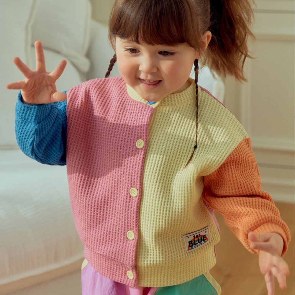 First Blue 繽紛拼色鬆餅格紋針織外套-藍X粉X黃X橘
