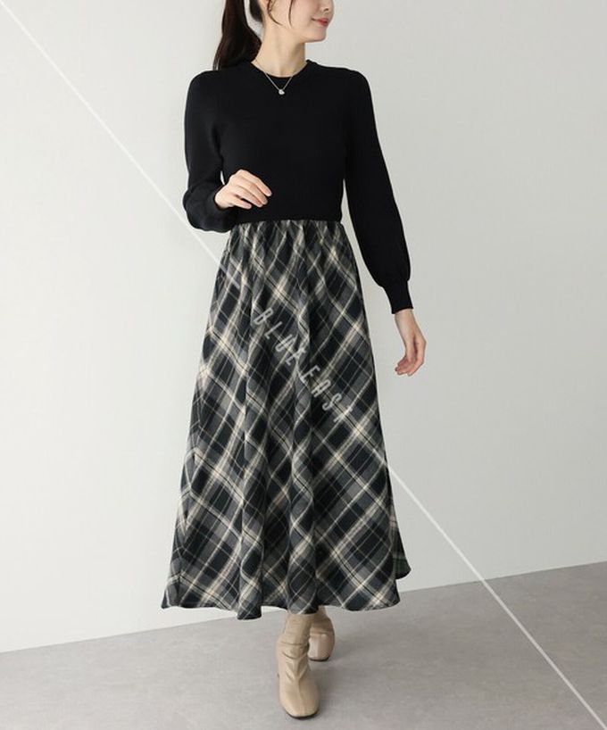 日本 BLUE EAST - 美型修身小澎袖針織長袖洋裝-格紋拼接-黑灰