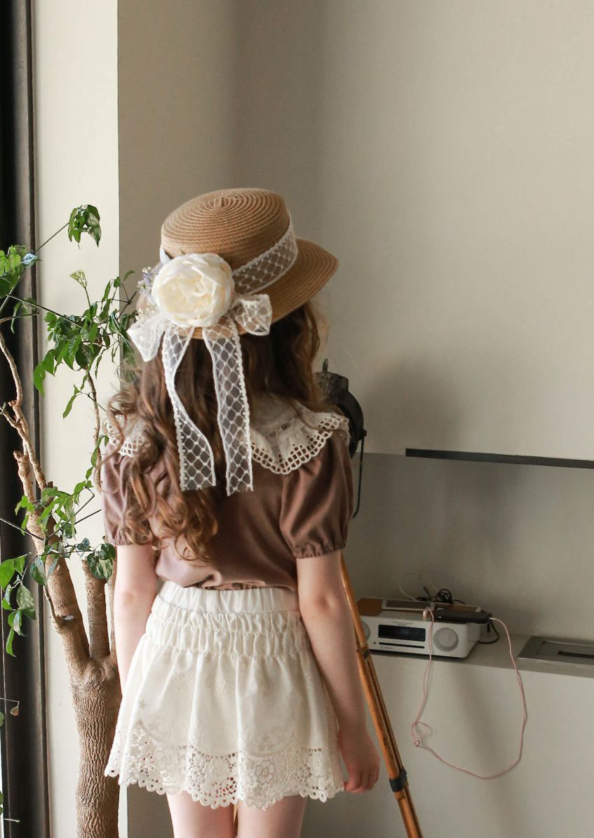 韓國 PuellaFLO - 唯美花朵菱格紋蕾絲草帽 (3-7Y適用)