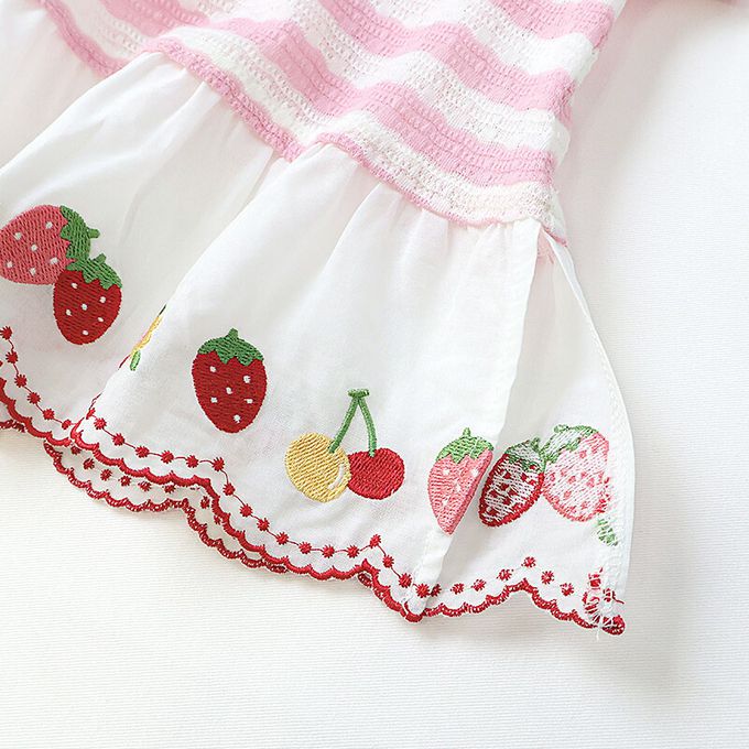 日本 ZOOLAND - 甜蜜草莓緹花條紋可愛刺繡上衣-紅