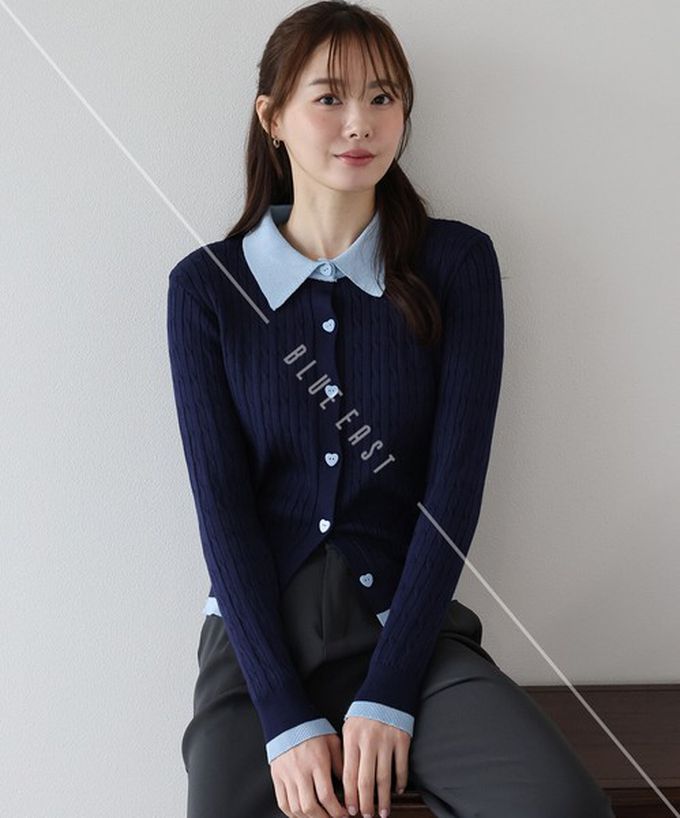 日本 BLUE EAST - 愛心扣雙色polp領麻花開襟衫-灰