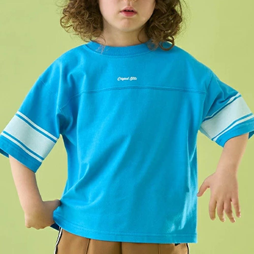 正反都OK 落肩線條短袖上衣-水藍