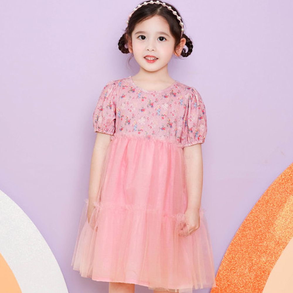 韓國 WALTON kids - 粉紅碎花泡泡袖網紗洋裝