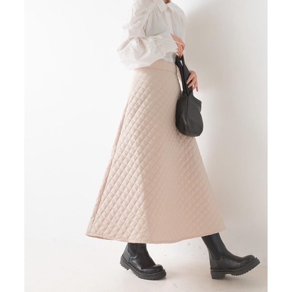 日本 OMNES - 優雅絎縫保暖傘狀拉鍊長裙-淺卡其