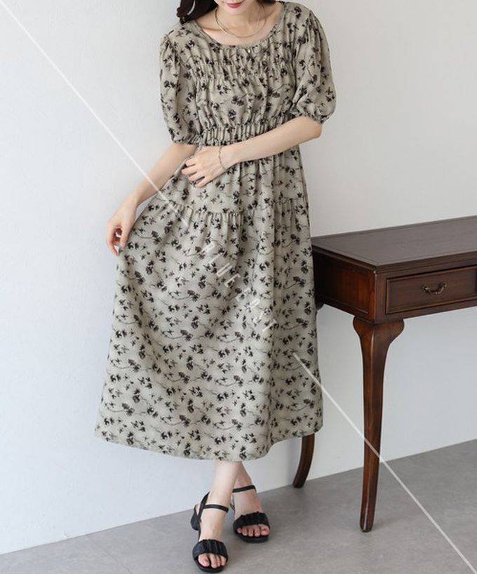 日本 BLUE EAST - 水墨感花卉束腰泡泡袖洋裝-棕綠 (M)