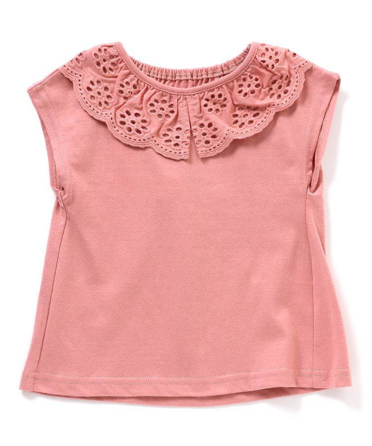 日本 apres les cours - 雕花蕾絲領短袖上衣-深藍