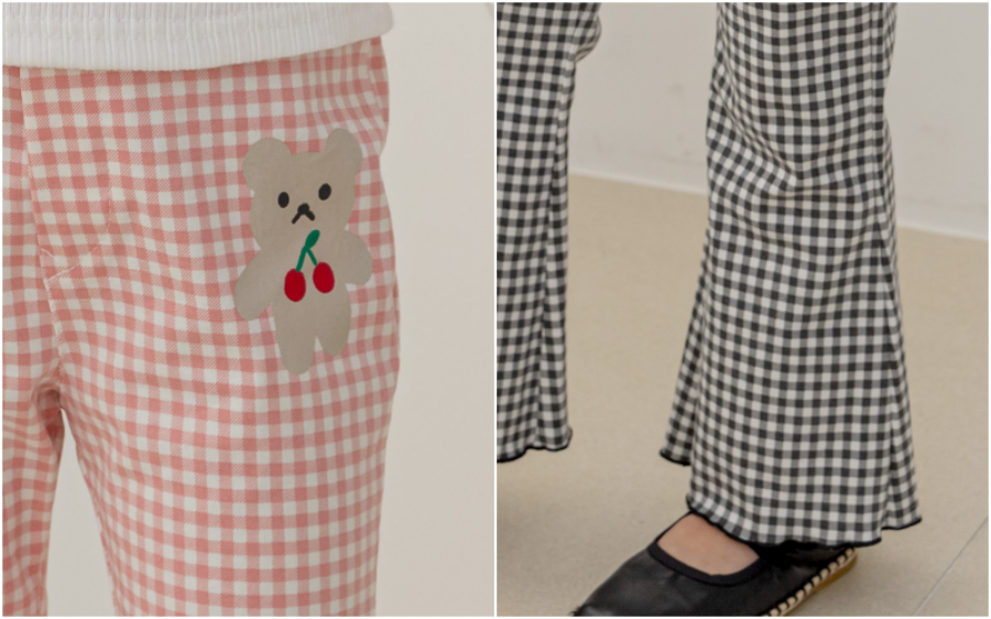 韓國 Orange Mom - 櫻桃熊格子彈力微喇叭褲-粉紅