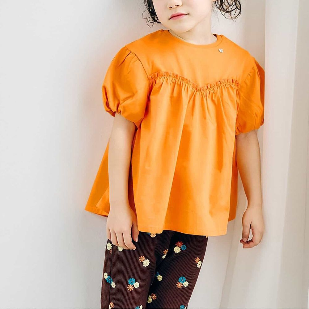 飄逸傘擺泡泡短袖上衣-橘