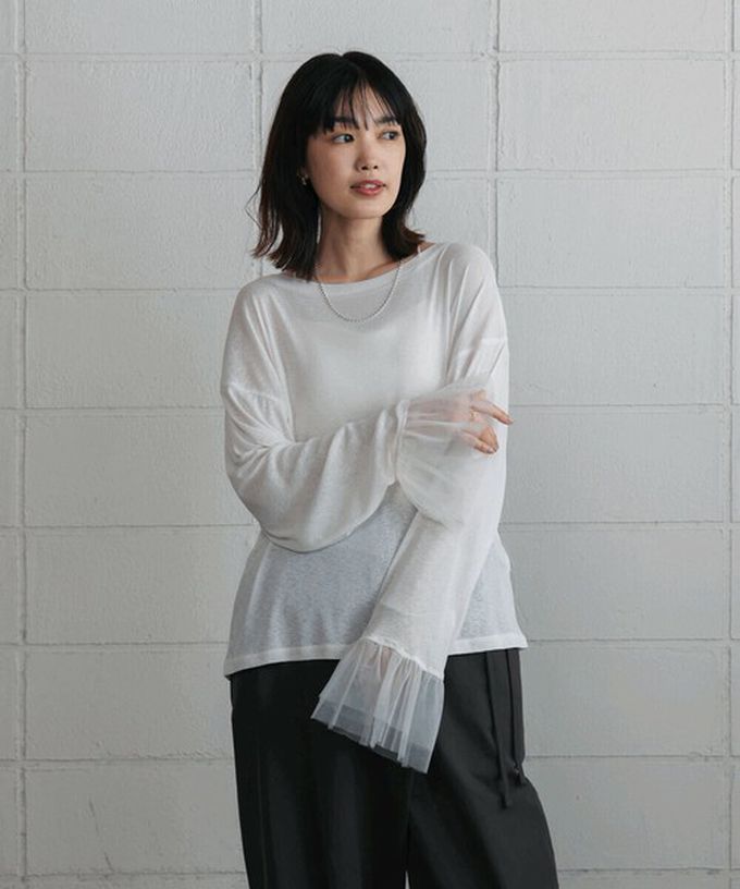 日本 Bab - 雙層薄紗拼接俏麗長袖上衣-象牙白