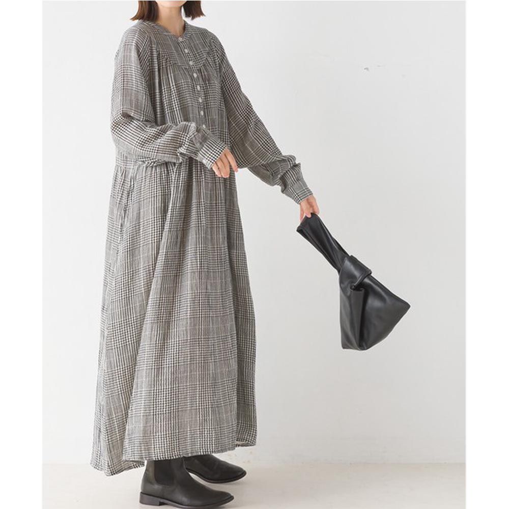 日本 OMNES - 質感二重紗寬版長袖洋裝-格紋-灰黑