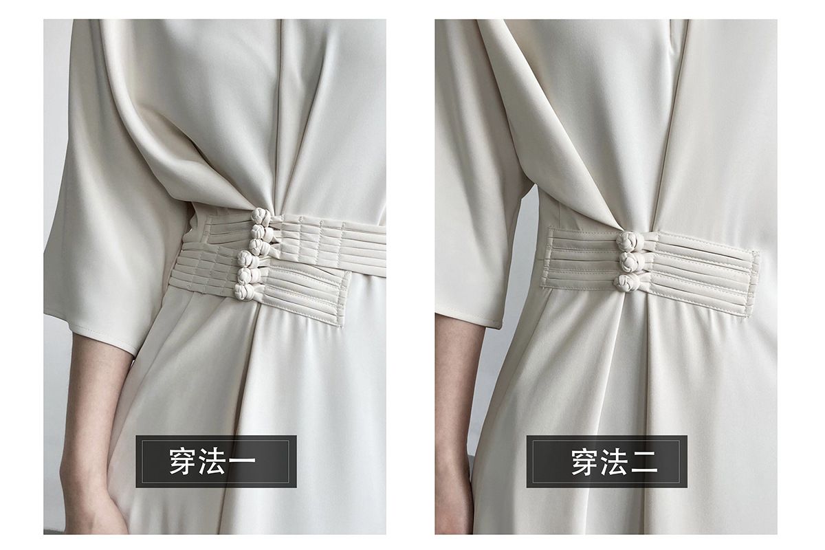 垂墜收腰綁帶直筒連衣裙-霧藍色