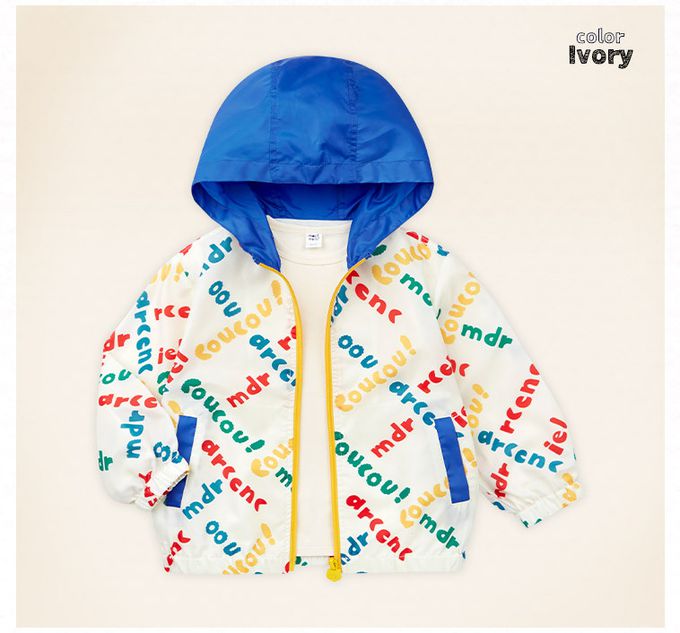 韓國 mollimelli - 彩色文字印花連帽縮口外套-白X藍