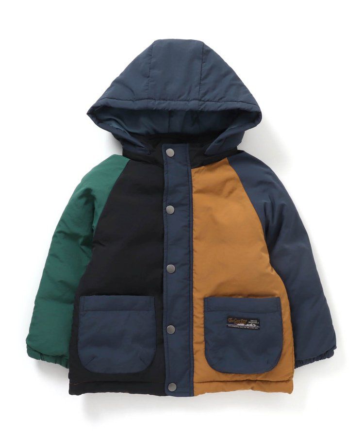 日本 BREEZE - 鋪棉保暖連帽外套-異色拼接-綠x藍