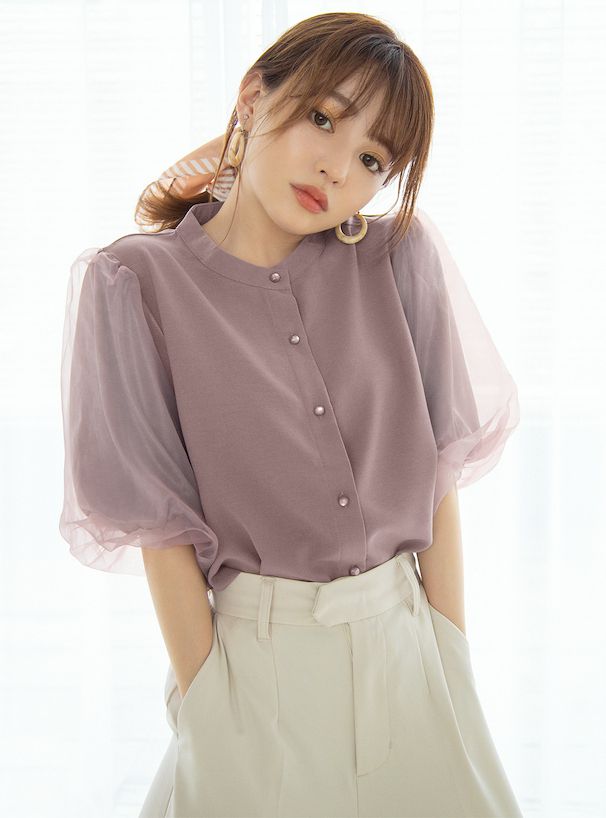 日本 GRL - 微立領薄紗拼接短袖襯衫-煙燻粉 (F)