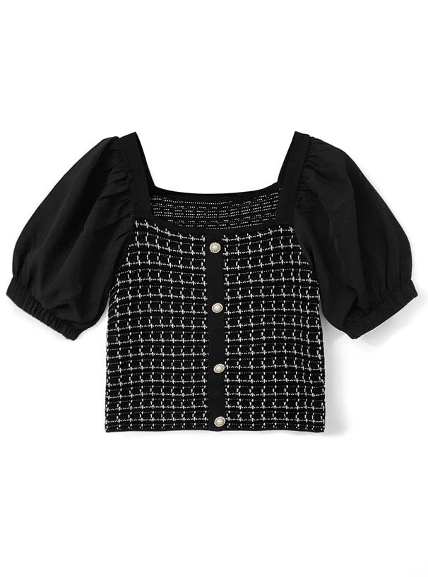 日本 GRL - 異材質拼接小網格針織排扣U領短袖上衣-天使白