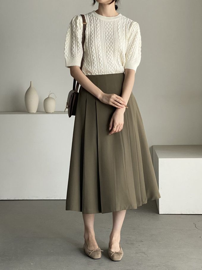 韓國女裝連線 - 淑女後鬆緊綁帶蝶結打褶中長裙-軍綠 (FREE)
