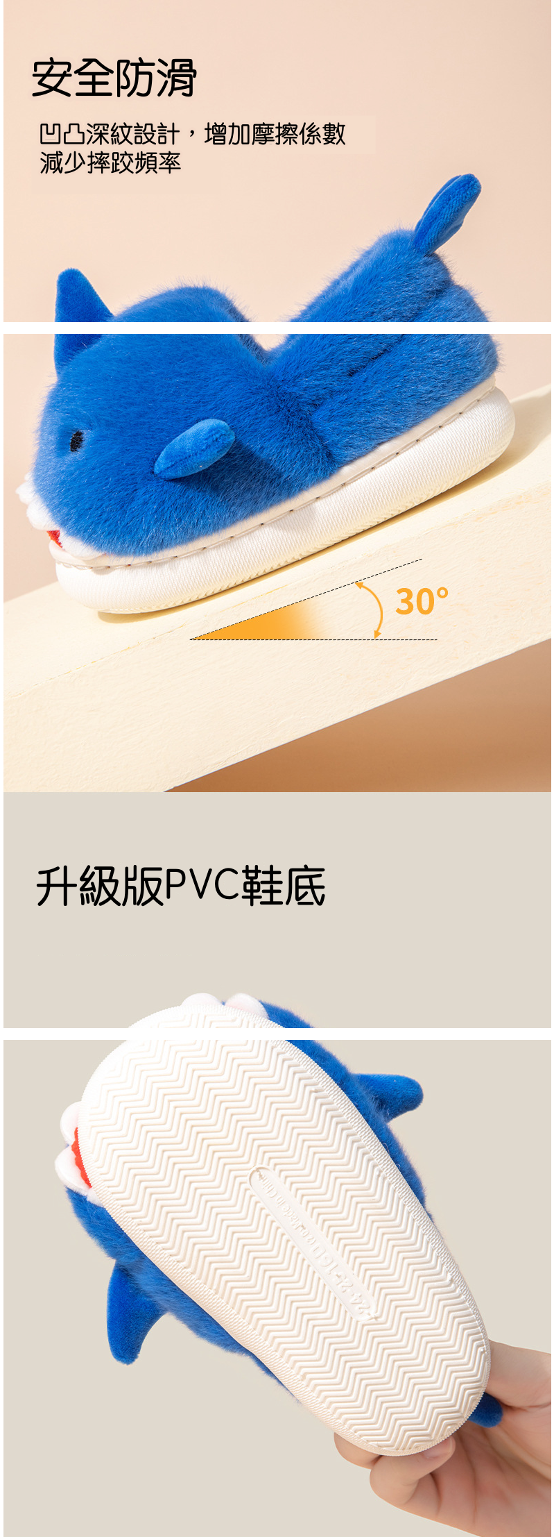(兒童)立體造型毛絨暖暖室內拖鞋-鯊魚-藍色