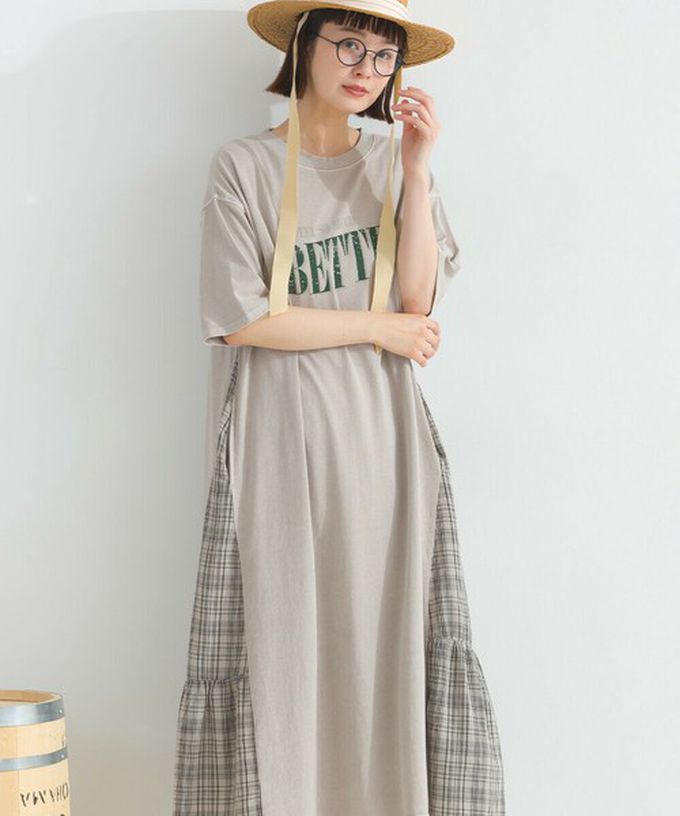 日本 Lupilien - 復古寬鬆格紋拼接短袖洋裝-BETTER-粉紅