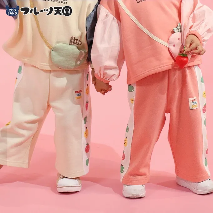 日本 ZOOLAND - 水果樂園 繽紛側邊條裏毛長褲-奶油米