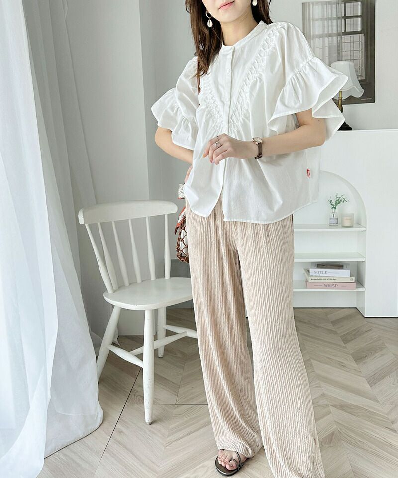 日本 Classical Elf - 2WAY透氣荷葉袖圓領襯衫-白