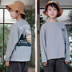 Y B S - 純棉圓領長袖上衣-撞色山脈-灰綠