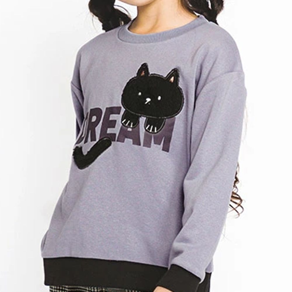 立體刺繡貼布長袖上衣-貓咪-紫