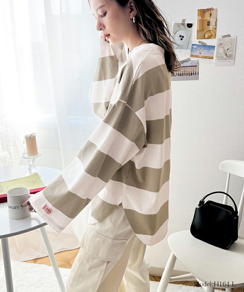 日本 Classical Elf - 美式休閒落肩長袖上衣-寬版條紋-米杏x棕