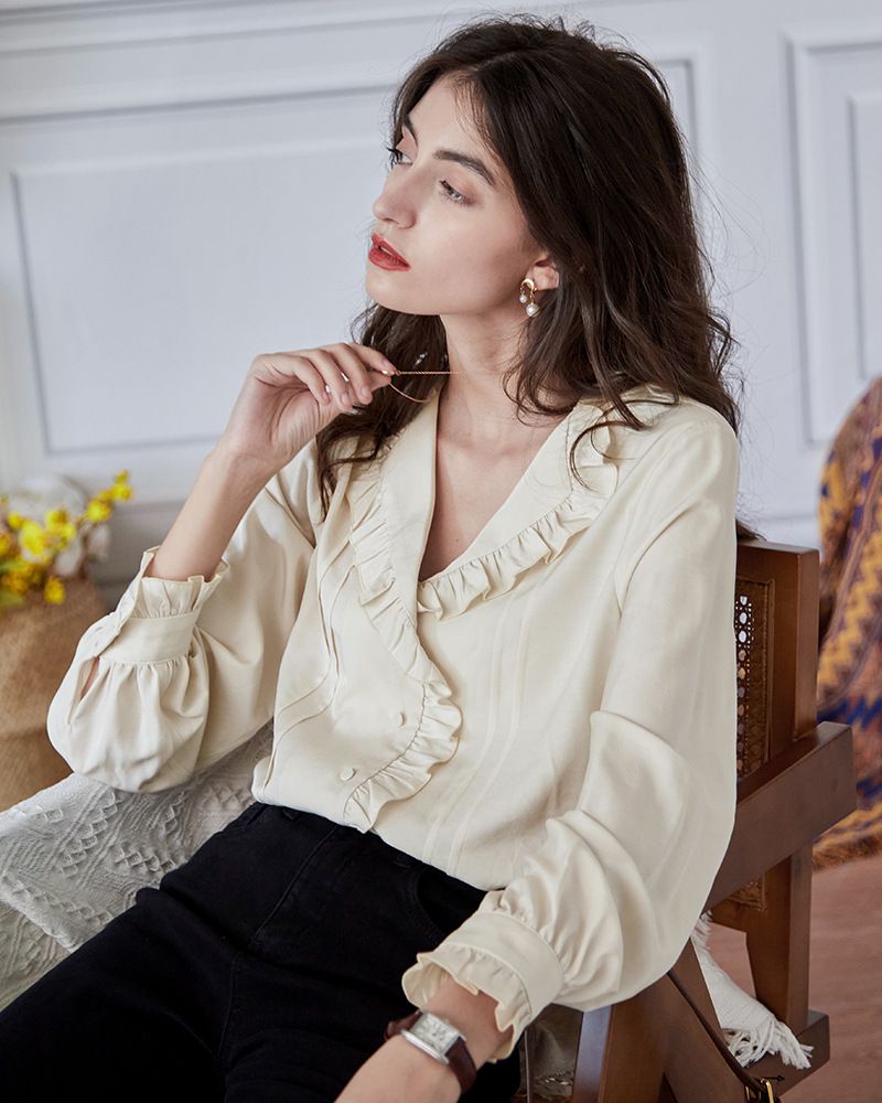 氣質荷葉邊長袖襯衫-杏色