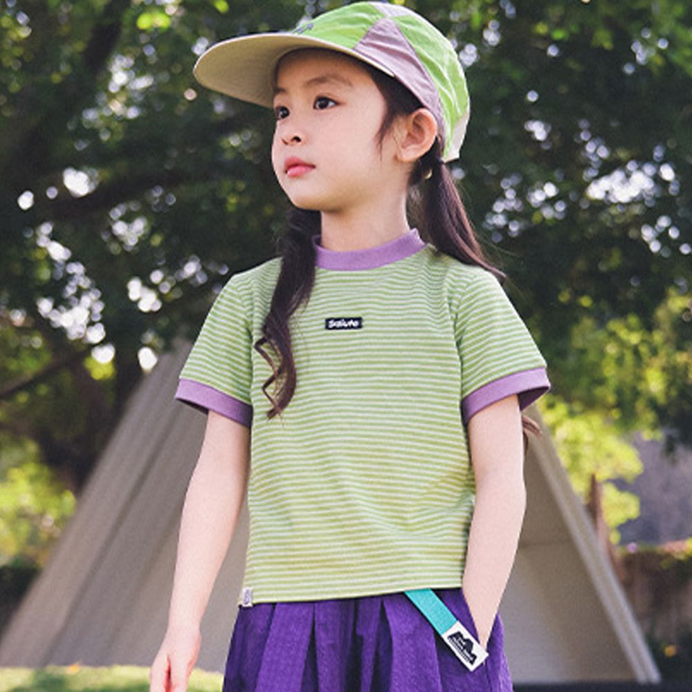 撞色條紋短袖上衣-清新綠