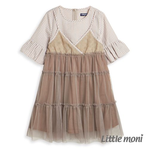 麗嬰房 Little moni - 假兩件網紗拼接洋裝-駝色