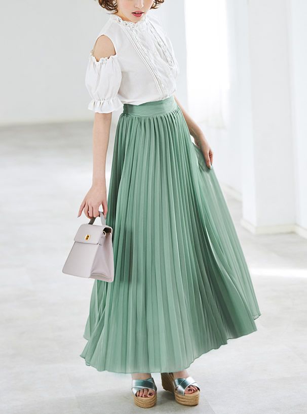 日本 GRL - 顯瘦立體壓紋百褶長裙-天使白