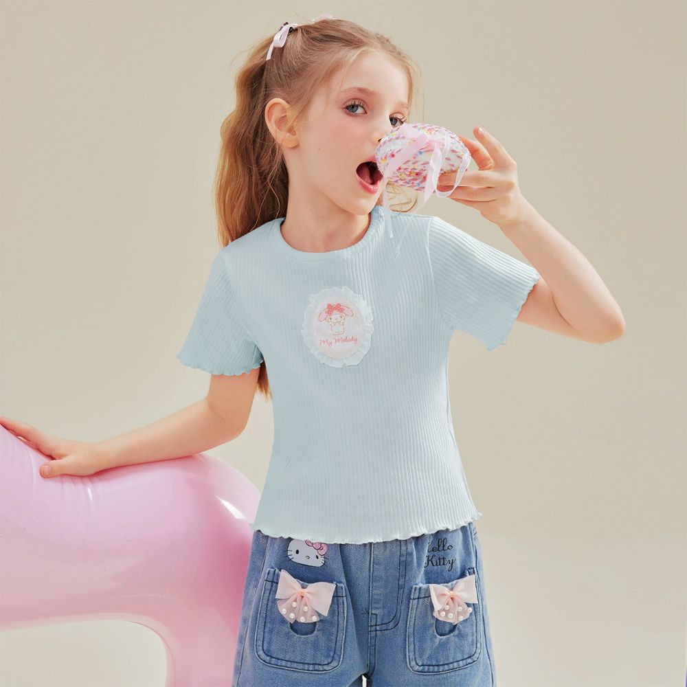 木耳邊修身短袖上衣-卡通人物美樂蒂-藍色