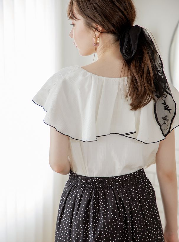 日本 GRL - 大片復古領片微皺無袖襯衫-白