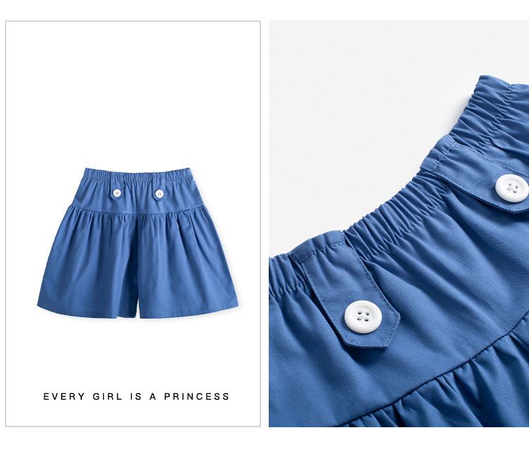 純棉腰鬆緊短褲-裝飾鈕扣-藍色