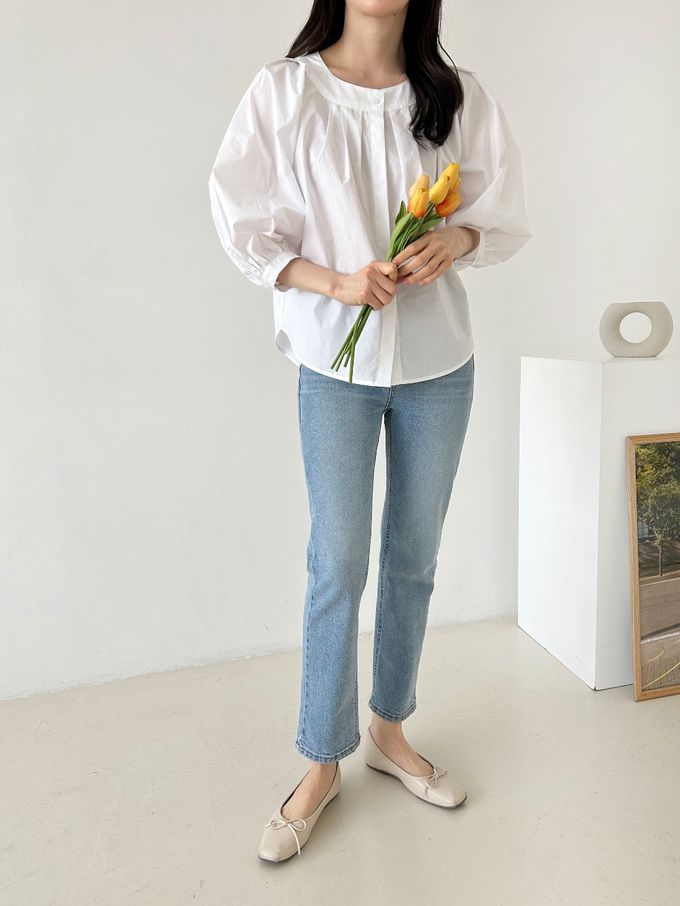 韓國女裝連線 - 氣質抓褶圓領七分袖襯衫-白 (FREE)