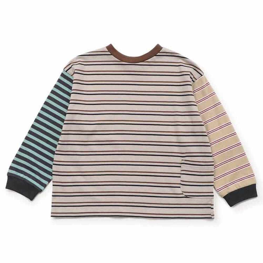 正反OK！前後兩穿長袖上衣-條紋撞色-卡其杏