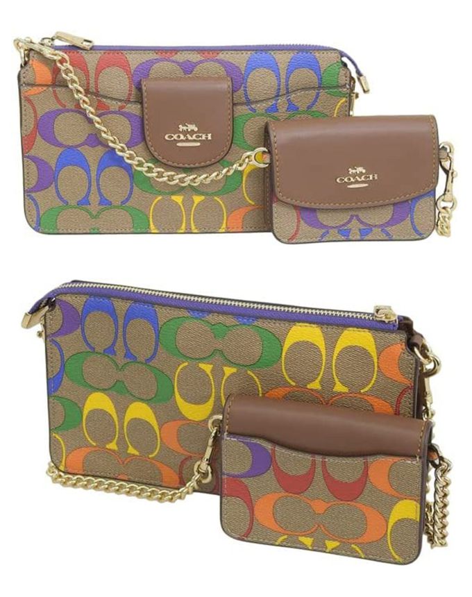 COACH - 滿版LOGO皮革鍊包 (駝底彩色LOGO)