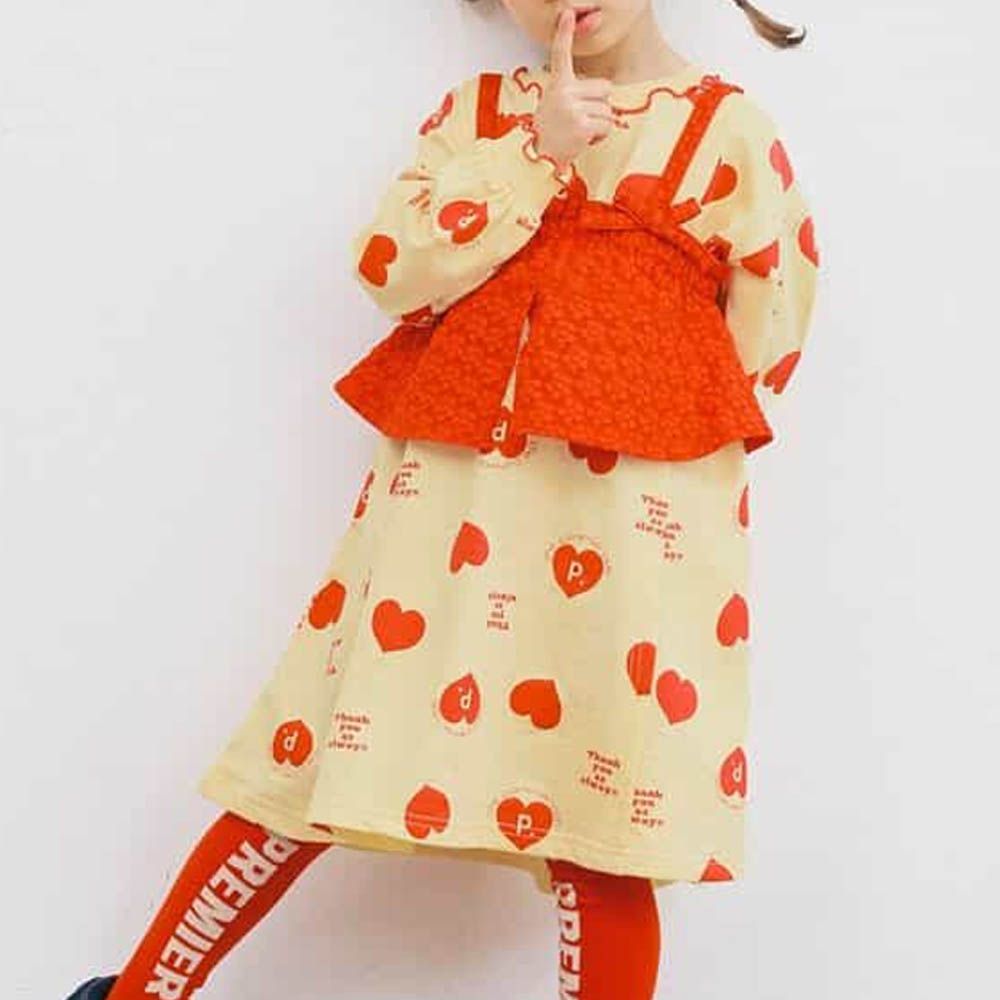 100%棉 可愛復古印花木耳領長袖洋裝-愛心-奶油黃