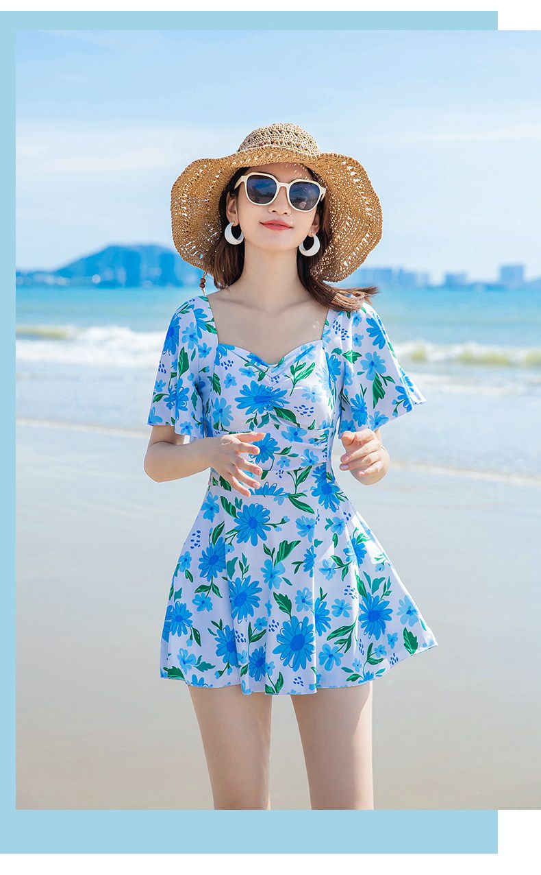 日系小碎花修身顯瘦遮肉連身裙泳衣-滿版花花-黃色