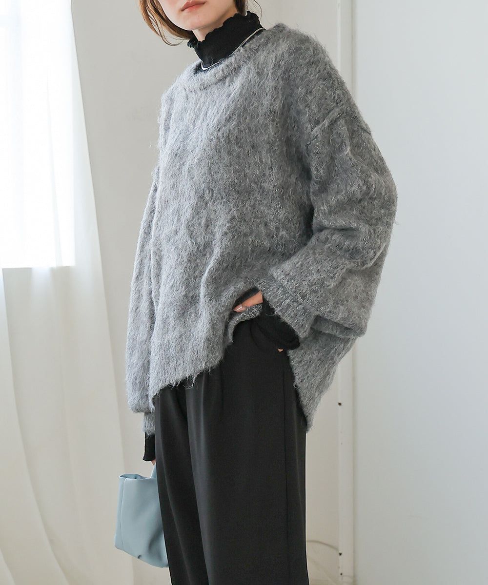 日本 Bab - 澎袖毛海溫柔廓形針織上衣-淺灰