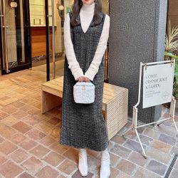 日本 GRL - V領千金小姐花呢背心洋裝-黑 (F)