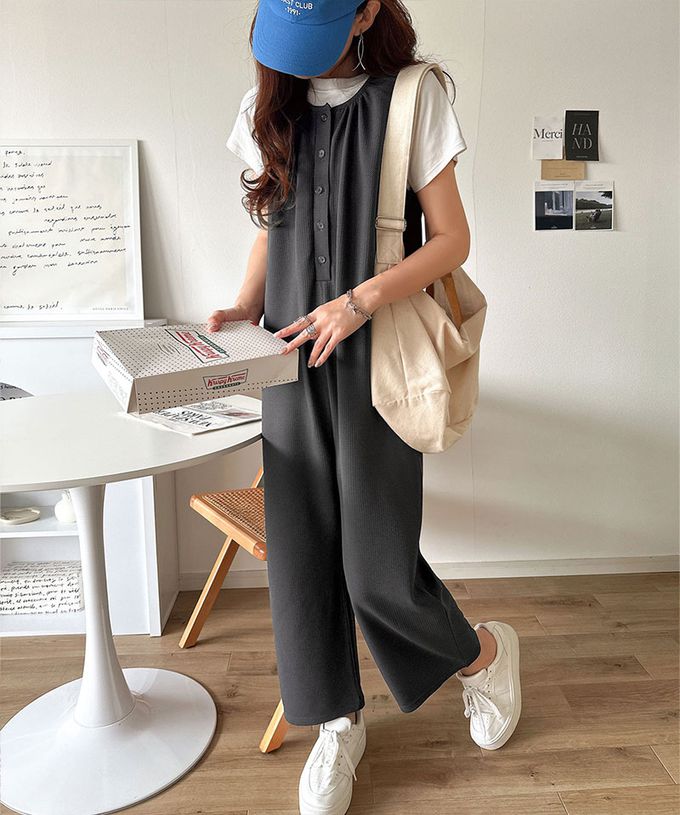 日本 Classical Elf - 亨利領簡約風紋理連身褲-摩卡