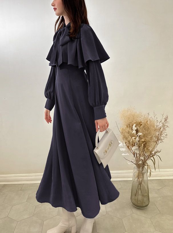 日本 GRL - 燭光晚餐斗篷領雪紡洋裝-寶貝藍