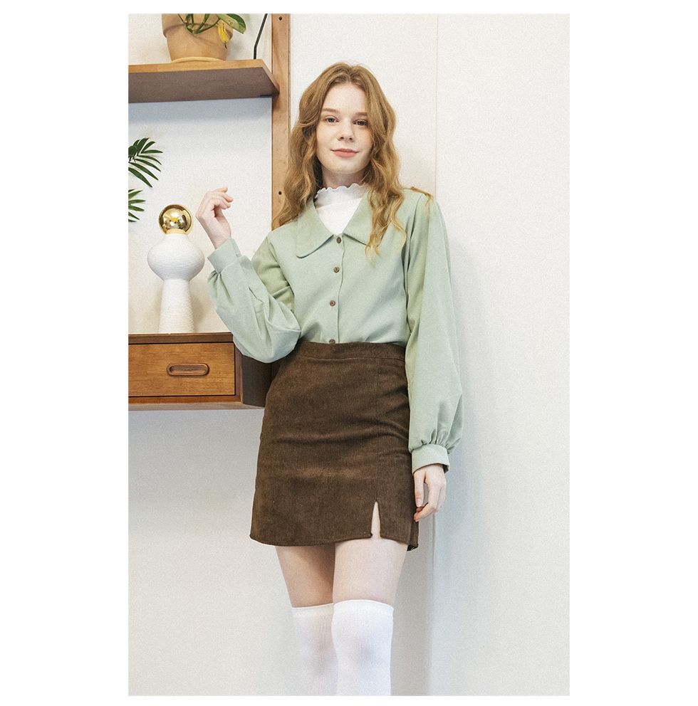 韓國 SOUP - 低領泡泡袖襯衫-薄荷綠 (Free)