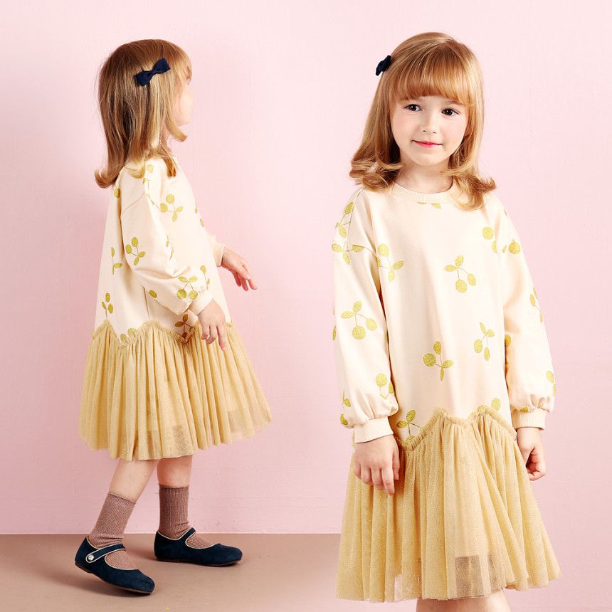 韓國 WALTON kids - 亮粉櫻桃印拼接網紗連身洋裝-奶油白